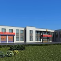 Modern Fire Station Exterior With Red Entrance Green Lawn And Flower Beds