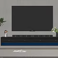 Modern TV Stand with Large Screen TV Drawers Blue Lighting and Plants