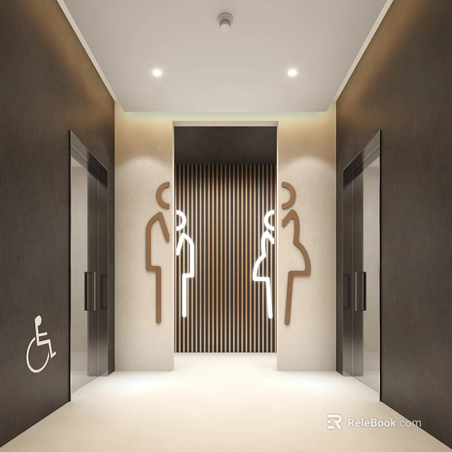 Modern Public Restroom Featuring Male Female Signs Wheelchair Accessible Design and Wall Lighting 3d model 