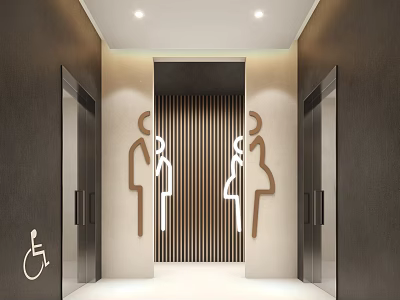 Modern Public Restroom Featuring Male Female Signs Wheelchair Accessible Design and Wall Lighting 3d model