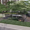 Serene Residential Landscape Featuring Lush Trees Green Lawn Wooden Deck Benches And People Walking