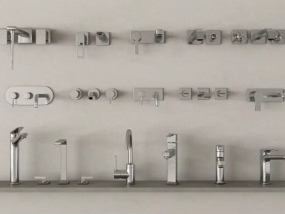 Various Modern Water Faucet Styles And Designs On Wall Display Collection 3d model