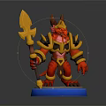 Red Horned Game And Movie Character With Golden Black Armor Holding Spear On Blue Base