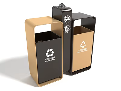 Public Waste Bins With Black Gold Brown Colors And Recycling Symbols For Sorting 3d model