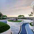 Modern Roof Garden Design With Curved Pathways Lush Greenery Seating Areas And Ambient Lighting