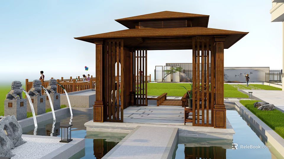 Traditional Wooden Gazebo In Garden With Pond Fountains Lawn And Stone Path 3d model 