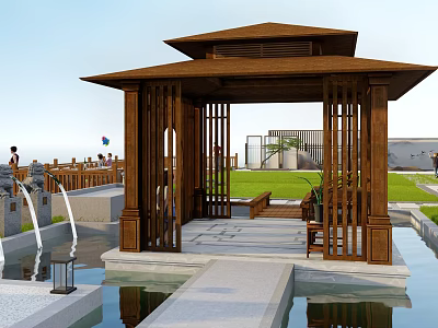 Traditional Wooden Gazebo In Garden With Pond Fountains Lawn And Stone Path 3d model