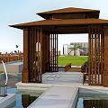Traditional Wooden Gazebo In Garden With Pond Fountains Lawn And Stone Path