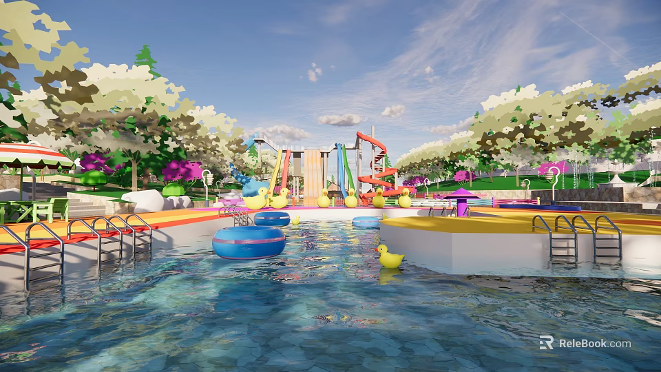 Colorful Water Park With Slides Float Rings And Kids Play Area 3d model 