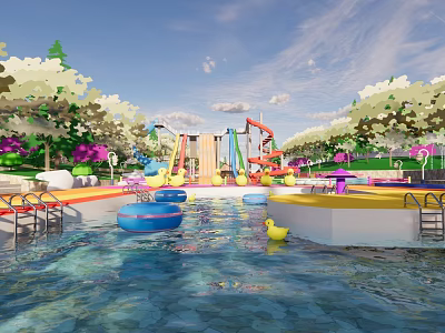 Colorful Water Park With Slides Float Rings And Kids Play Area 3d model