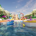 Colorful Water Park With Slides Float Rings And Kids Play Area