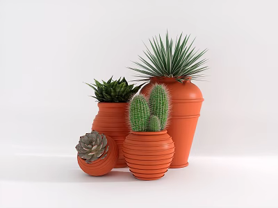 Stylish Garden Ornaments With Orange Striped Pots Various Shapes And Succulents 3d model