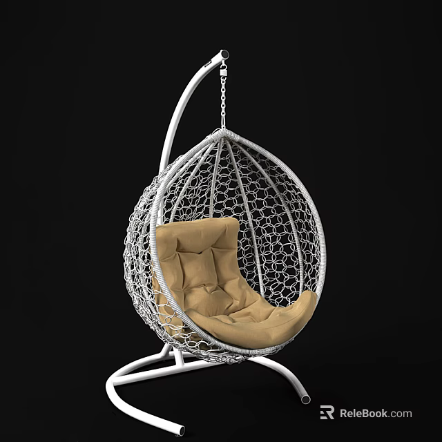 Modern Hanging Chair with White Metal Net Frame and Beige Cushion 3d model 