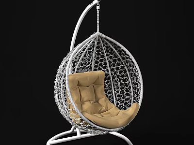 Modern Hanging Chair with White Metal Net Frame and Beige Cushion 3d model