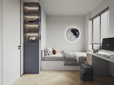 Modern Tatami Bedroom Interior With Circular Moon Wall Art Window Blinds Desk And Wooden Floor 3d model
