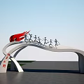 Modern Entrance Gate With Red Flame And Running Figures On Arched Structure 3d model