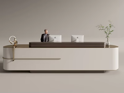 Modern Reception Desk With Person In Suit Computers And Potted Green Plant 3d model