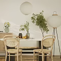Modern Restaurant Interior With Rattan Chairs Wooden Dining Table Pendant Lights And Green Plants