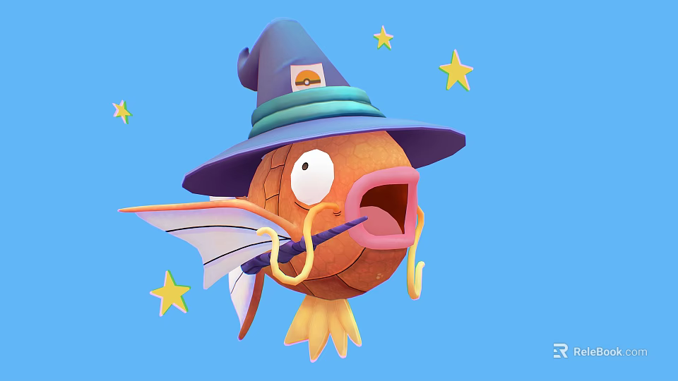 Cute Orange Goldfish Wearing Wizard Hat Holding Magic Wand Against Blue Background With Stars 3d model 