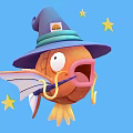 Cute Orange Goldfish Wearing Wizard Hat Holding Magic Wand Against Blue Background With Stars