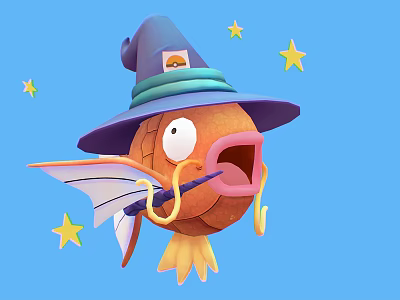 Cute Orange Goldfish Wearing Wizard Hat Holding Magic Wand Against Blue Background With Stars 3d model