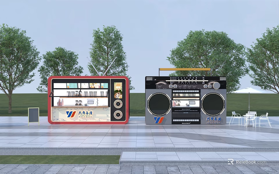 Container Buildings Transformed into Modern Retail Kiosks with Glass Windows Brand Logos and Outdoor Trees 3d model 