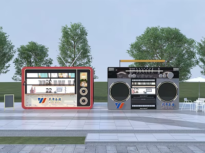 Container Buildings Transformed into Modern Retail Kiosks with Glass Windows Brand Logos and Outdoor Trees 3d model