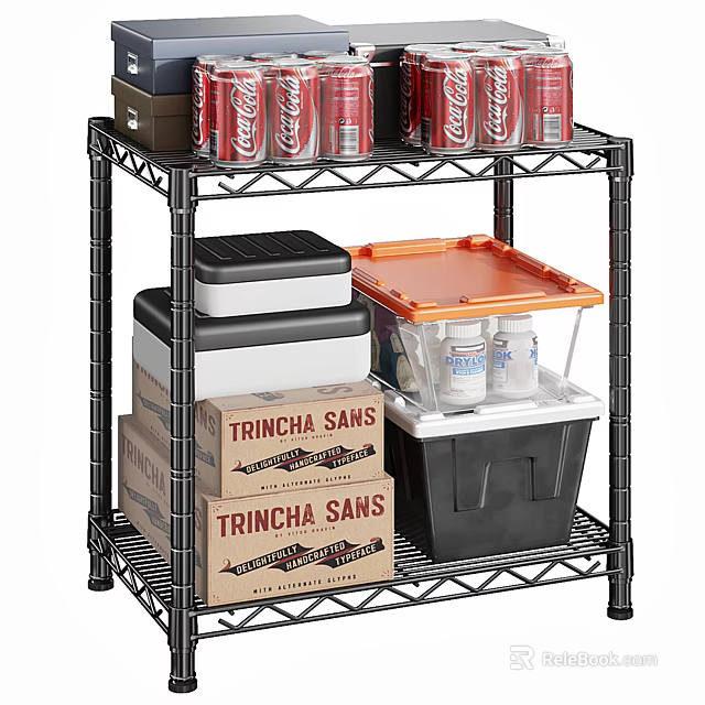 Black Metal Shelving Unit With Coca Cola Cans Storage Bins And Cardboard Boxes 3d model 