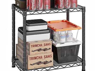 Black Metal Shelving Unit With Coca Cola Cans Storage Bins And Cardboard Boxes 3d model