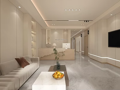 Modern Reception Area Interior With Sofa Marble Coffee Table Fruits Plant And TV 3d model