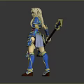 Fantasy Elven Female Game Character In Blue And Gold Armor With Spear