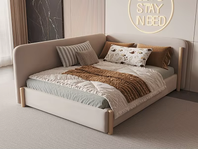 Modern Double Bed with Curved Headboard Decorative Pillows Brown Blanket and Striped Wall 3d model