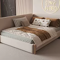 Modern Double Bed with Curved Headboard Decorative Pillows Brown Blanket and Striped Wall