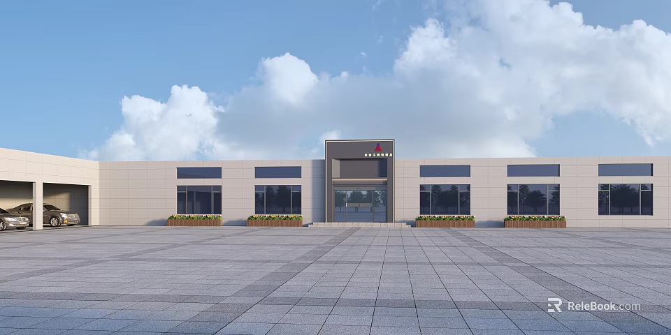 Modern Office Building Exterior Featuring Spacious Plaza Front Entrance and Large Windows Under Blue Sky 3d model 