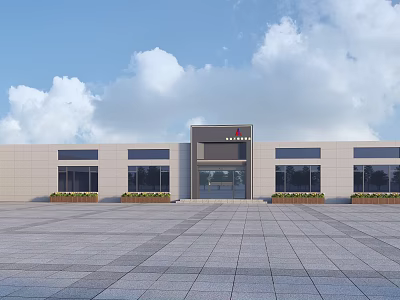 Modern Office Building Exterior Featuring Spacious Plaza Front Entrance and Large Windows Under Blue Sky 3d model