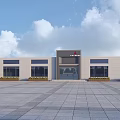 Modern Office Building Exterior Featuring Spacious Plaza Front Entrance and Large Windows Under Blue Sky