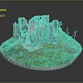 Detailed Castle Ruins Model On Circular Base With Green Grass Small Stones And Wooden Stakes