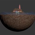 Red And White Lighthouse On Rocky Island With Colorful Buildings And Bridge Over Blue Water