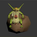 Green Mythical Winged Creature Sitting On Brown Rock With Yellow Details And Red Chest Pattern
