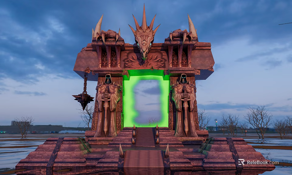 Mystical Gate With Dragon Head Decorated Red Stone Structure And Green Glowing Portal Inside 3d model 