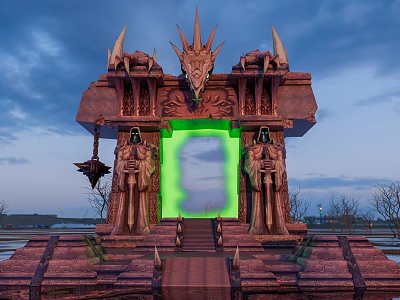 Mystical Gate With Dragon Head Decorated Red Stone Structure And Green Glowing Portal Inside 3d model