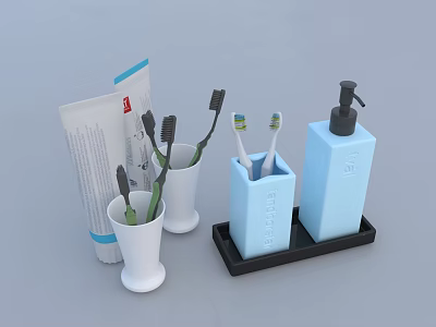 Bathroom Accessories Set with Toothpaste Toothbrushes Cups Soap Dispenser and Tray 3d model