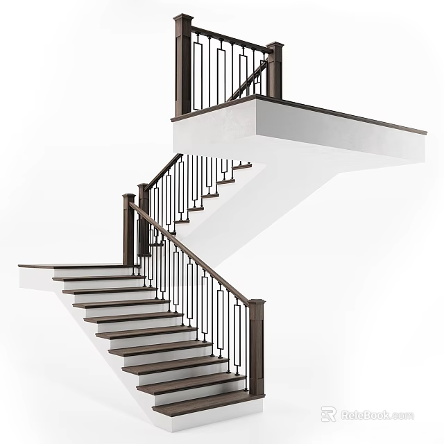 Modern Staircase Interior Design With Wooden Steps And Metal Railing 3d model 