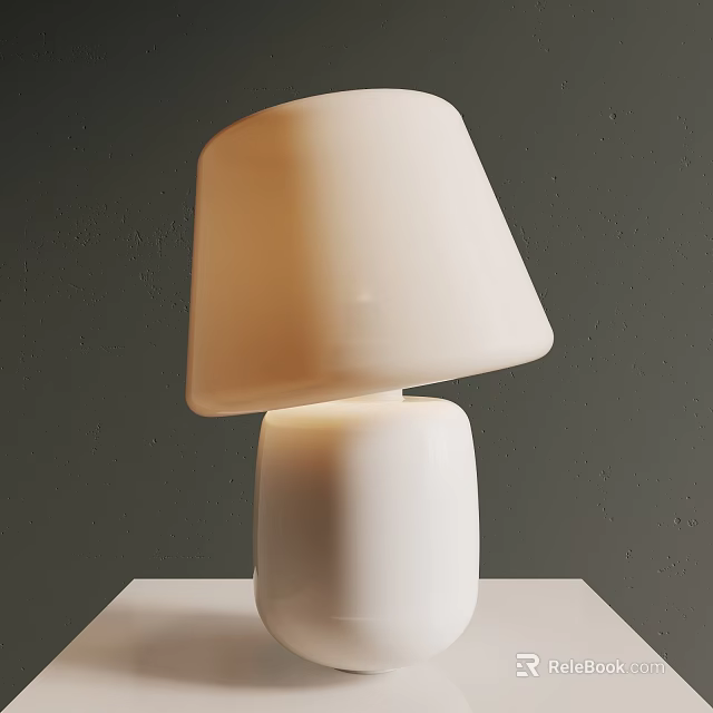 Lit White Table Lamp With Tilted Lampshade On White Table Against Gray Wall Background 3d model