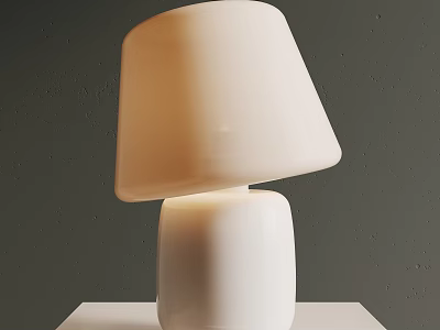 Lit White Table Lamp With Tilted Lampshade On White Table Against Gray Wall Background 3d model
