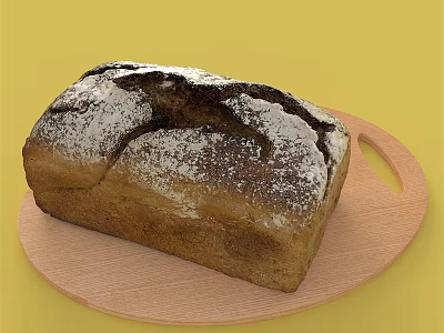 Homemade Artisanal Loaf of Bread on Wooden Cutting Board with Yellow Background 3d model