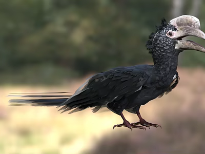 Black Feathered Bird With Helmet Like Casque Standing In Natural Habitat 3d model