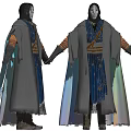 Game Movie Character In Traditional Robe With Blue Decorative Cloak And Two Angle Views