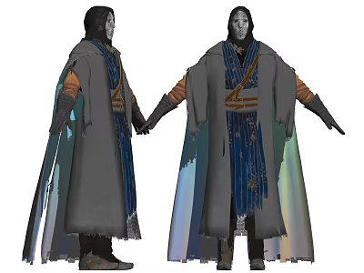 Game Movie Character In Traditional Robe With Blue Decorative Cloak And Two Angle Views 3d model