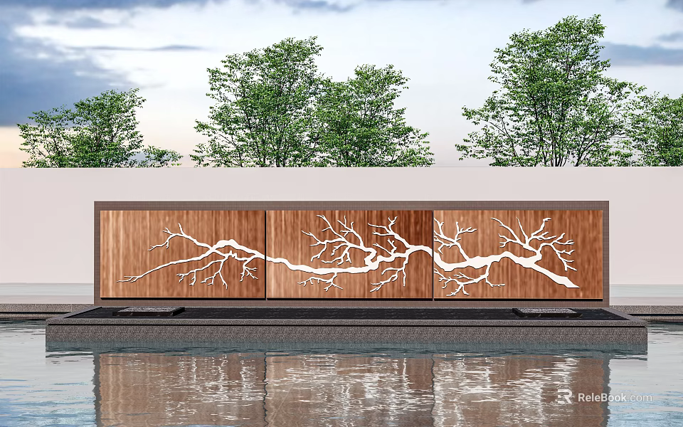 Outdoor Wooden Feature Wall With White Branch Patterns And Water Surface Reflection 3d model 